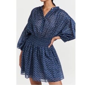 Rebecca Taylor Long Sleeve Ikat Shirtdress Indigo Blue Puff Sleeve Smocked Sz S